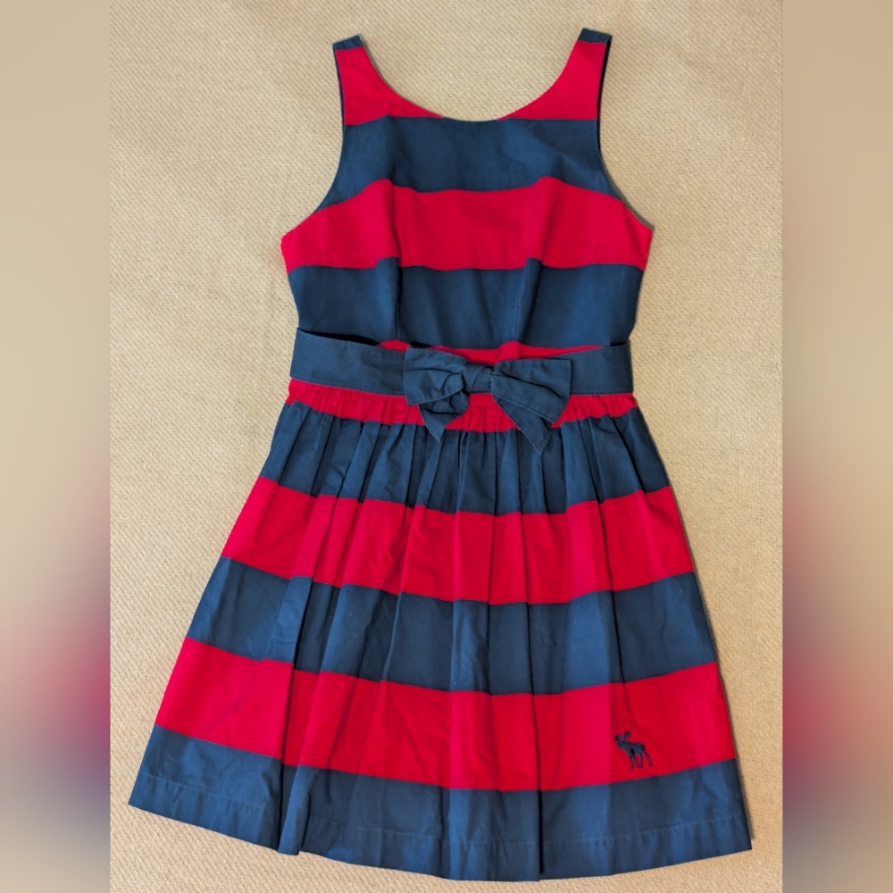 Abercrombie & Fitch Red and Navy Blue Striped Mini Dress Bow